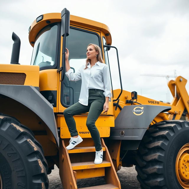 A confident woman standing on the steps of a massive yellow Volvo tractor