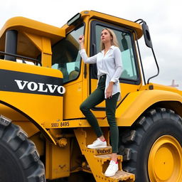 A confident woman standing on the steps of a massive yellow Volvo tractor