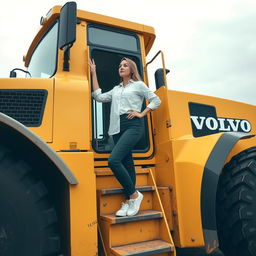 A confident woman standing on the steps of a massive yellow Volvo tractor