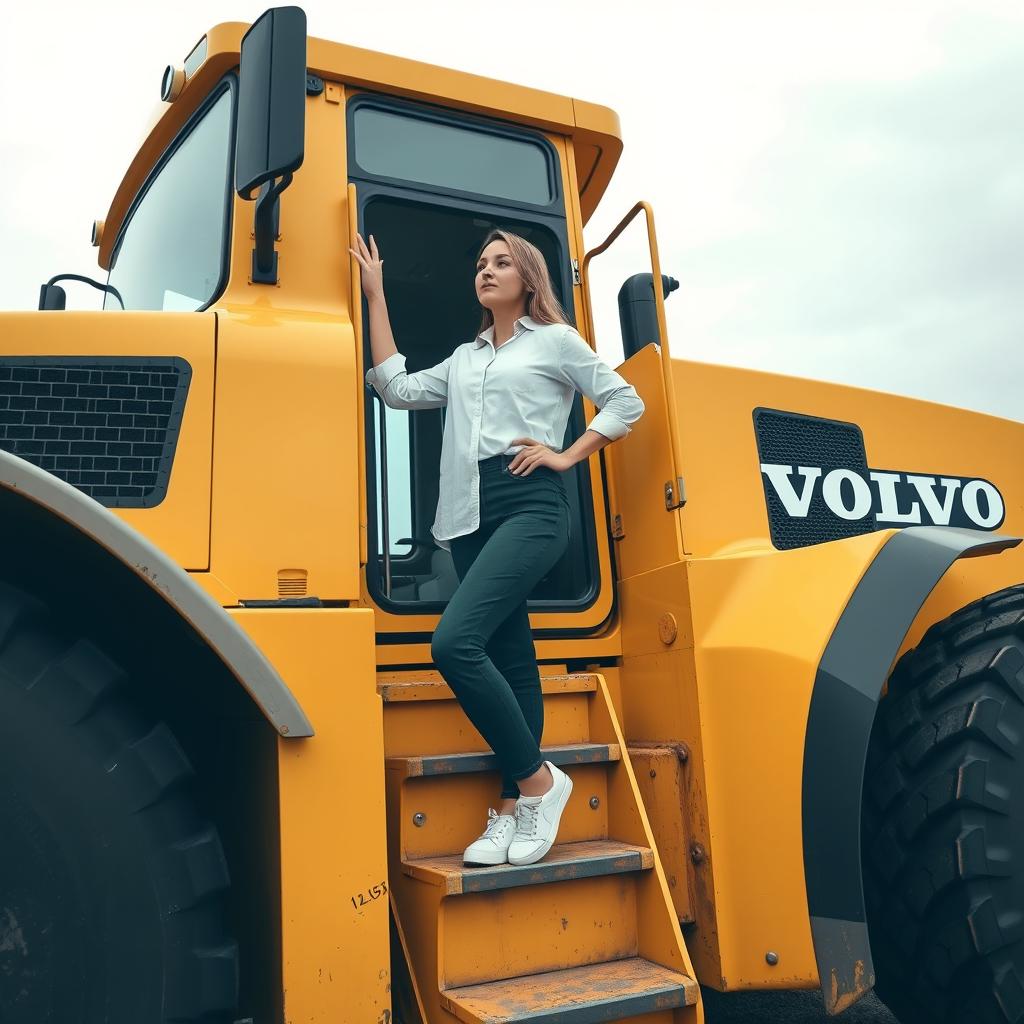 A confident woman standing on the steps of a massive yellow Volvo tractor