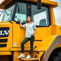 A confident woman standing on the steps of a massive yellow Volvo tractor