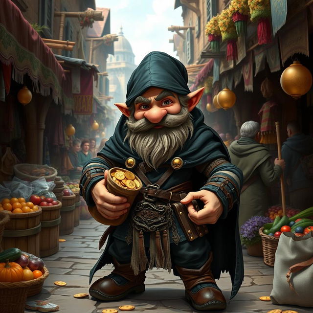 A charming dwarf thief standing confidently in a bustling medieval marketplace