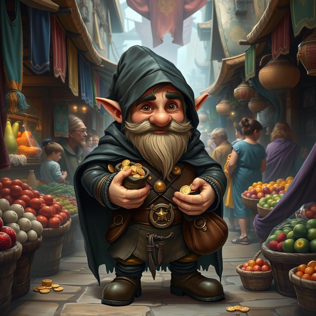 A charming dwarf thief standing confidently in a bustling medieval marketplace