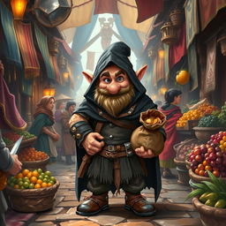 A charming dwarf thief standing confidently in a bustling medieval marketplace
