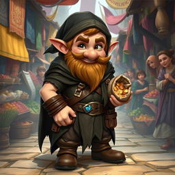 A charming dwarf thief standing confidently in a bustling medieval marketplace