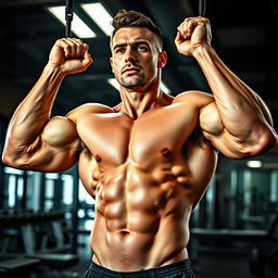 A muscular man in a gym setting, showcasing a well-defined physique with six-pack abs, big arms, and prominent veins