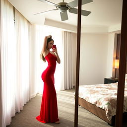 A woman wearing a long, tight red dress that highlights her figure, standing in front of a full-length mirror in a modernly designed bedroom