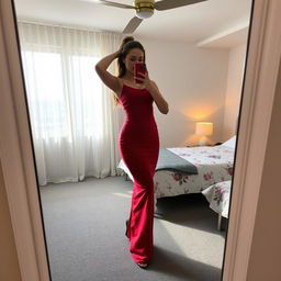 A woman wearing a long, tight red dress that highlights her figure, standing in front of a full-length mirror in a modernly designed bedroom