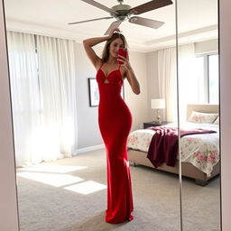 A woman wearing a long, tight red dress that highlights her figure, standing in front of a full-length mirror in a modernly designed bedroom