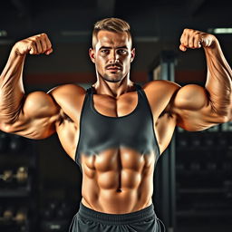 A muscular man with a well-defined face showcasing six-pack abs and bulging arms, prominent veins visible from intense workout