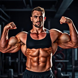 A muscular man with a well-defined face showcasing six-pack abs and bulging arms, prominent veins visible from intense workout