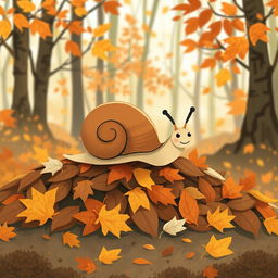 I am a little snail in autumn, crawling on a pile of fallen leaves in the forest