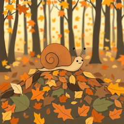 I am a little snail in autumn, crawling on a pile of fallen leaves in the forest