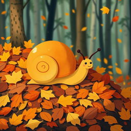 I am a little snail in autumn, crawling on a pile of fallen leaves in the forest