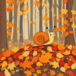 I am a little snail in autumn, crawling on a pile of fallen leaves in the forest