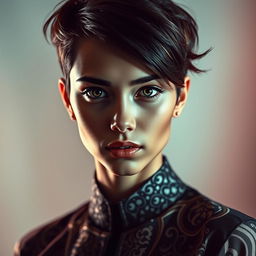 A striking and dramatic portrait of a person with a fashionable hairstyle and captivating eyes, illuminated by soft, ethereal light