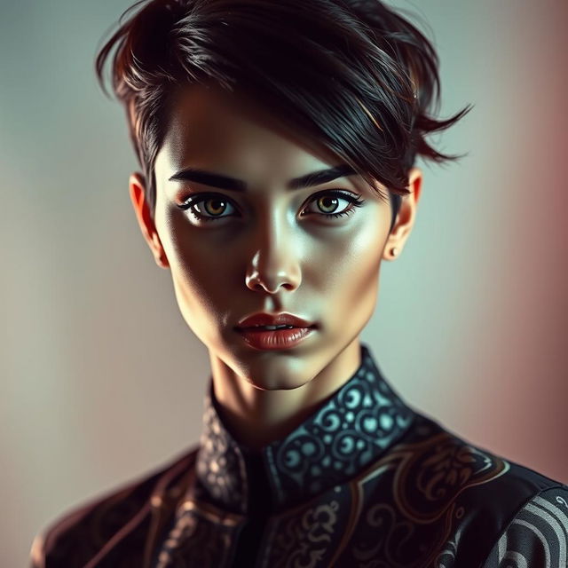 A striking and dramatic portrait of a person with a fashionable hairstyle and captivating eyes, illuminated by soft, ethereal light
