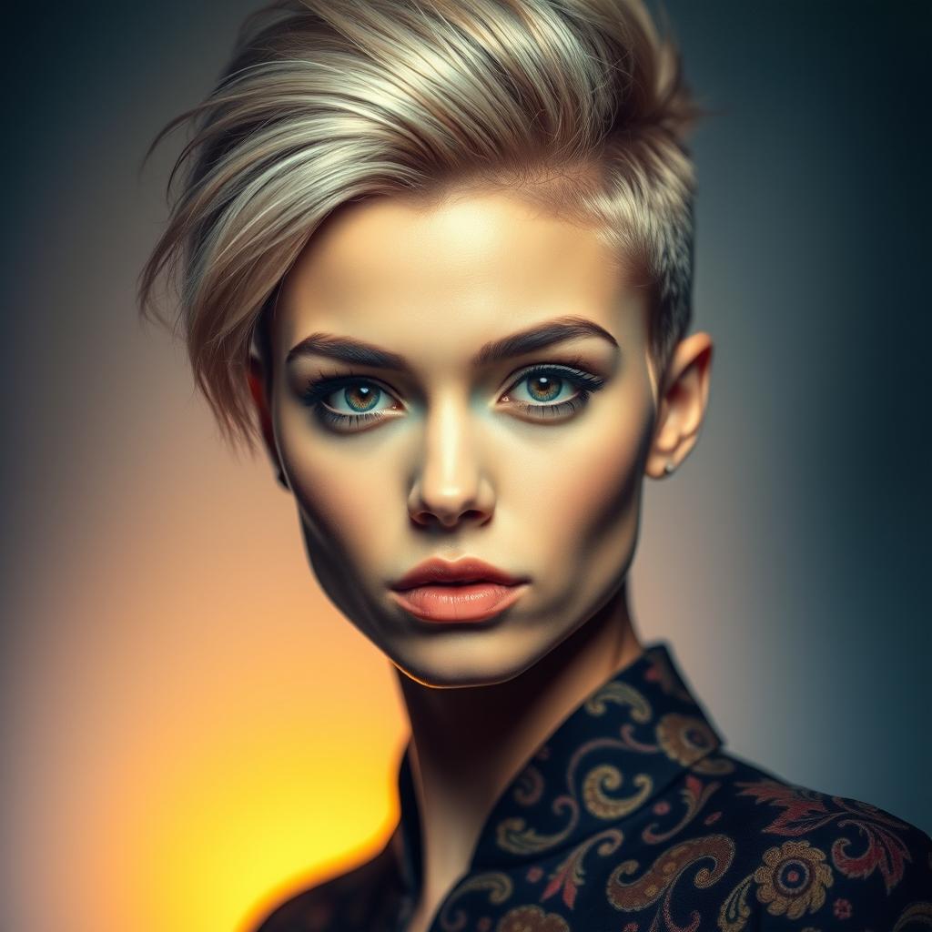 A striking and dramatic portrait of a person with a fashionable hairstyle and captivating eyes, illuminated by soft, ethereal light