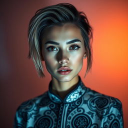 A striking and dramatic portrait of a person with a fashionable hairstyle and captivating eyes, illuminated by soft, ethereal light