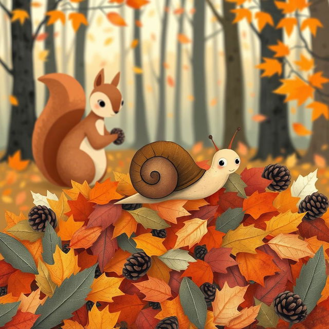 I am a little snail in autumn, crawling on a vibrant pile of fallen leaves