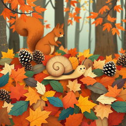 I am a little snail in autumn, crawling on a vibrant pile of fallen leaves