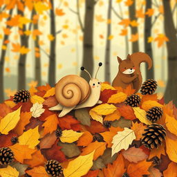 I am a little snail in autumn, crawling on a vibrant pile of fallen leaves