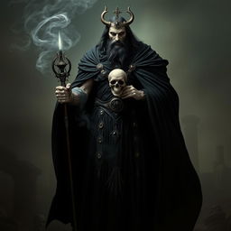 An artistic representation of Hades from Greek mythology, depicted as a powerful and majestic figure standing in a dark, shadowy landscape with dim, ethereal lighting
