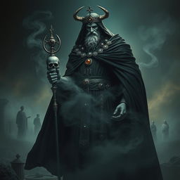 An artistic representation of Hades from Greek mythology, depicted as a powerful and majestic figure standing in a dark, shadowy landscape with dim, ethereal lighting