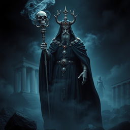 An artistic representation of Hades from Greek mythology, depicted as a powerful and majestic figure standing in a dark, shadowy landscape with dim, ethereal lighting