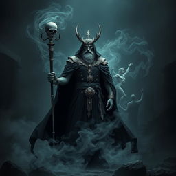 An artistic representation of Hades from Greek mythology, depicted as a powerful and majestic figure standing in a dark, shadowy landscape with dim, ethereal lighting