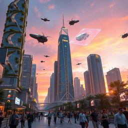 A futuristic cityscape at sunset, featuring tall, illuminated skyscrapers with sleek designs and greenery integrated into the architecture