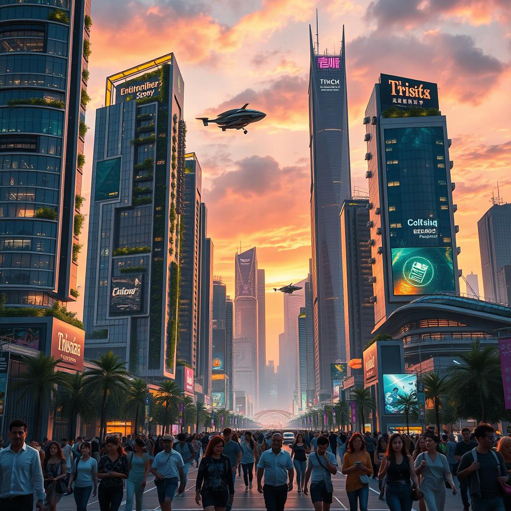 A futuristic cityscape at sunset, featuring tall, illuminated skyscrapers with sleek designs and greenery integrated into the architecture
