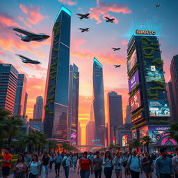A futuristic cityscape at sunset, featuring tall, illuminated skyscrapers with sleek designs and greenery integrated into the architecture