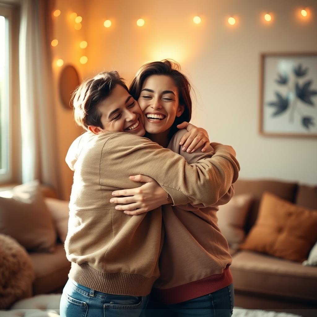 A warm and intimate scene of two people embracing in a cozy setting, their faces radiating joy and affection