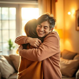 A warm and intimate scene of two people embracing in a cozy setting, their faces radiating joy and affection
