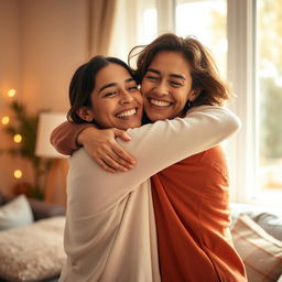 A warm and intimate scene of two people embracing in a cozy setting, their faces radiating joy and affection