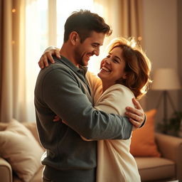 A warm and intimate scene of two people embracing in a cozy setting, their faces radiating joy and affection