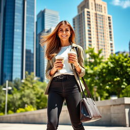 A confident woman standing in an urban setting, wearing a stylish outfit that combines casual and chic elements