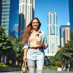A confident woman standing in an urban setting, wearing a stylish outfit that combines casual and chic elements