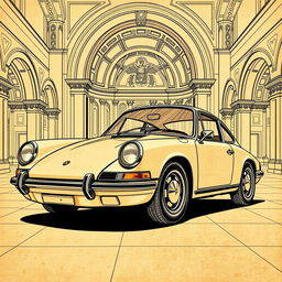 A vintage Porsche 911 classic car portrayed in the intricate style of Leonardo da Vinci, featuring detailed line work and soft shading to mimic da Vinci's sketches