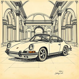A vintage Porsche 911 classic car portrayed in the intricate style of Leonardo da Vinci, featuring detailed line work and soft shading to mimic da Vinci's sketches