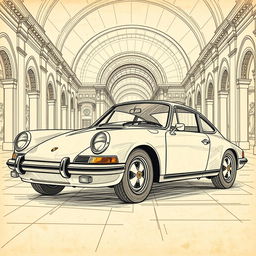 A vintage Porsche 911 classic car portrayed in the intricate style of Leonardo da Vinci, featuring detailed line work and soft shading to mimic da Vinci's sketches