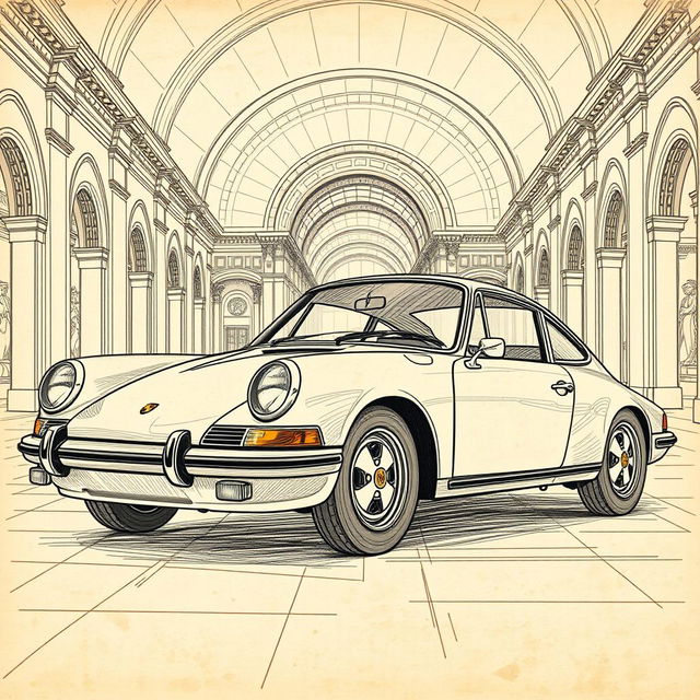 A vintage Porsche 911 classic car portrayed in the intricate style of Leonardo da Vinci, featuring detailed line work and soft shading to mimic da Vinci's sketches