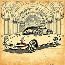 A vintage Porsche 911 classic car portrayed in the intricate style of Leonardo da Vinci, featuring detailed line work and soft shading to mimic da Vinci's sketches