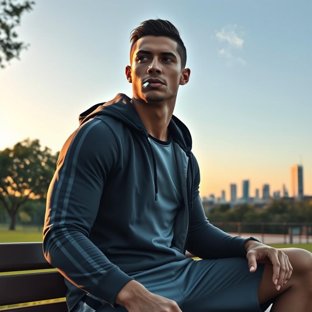A realistic and artistic portrayal of a famous athlete, inspired by Cristiano Ronaldo's likeness, casually smoking a cigarette