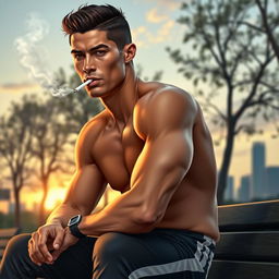 A realistic and artistic portrayal of a famous athlete, inspired by Cristiano Ronaldo's likeness, casually smoking a cigarette