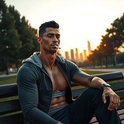 A realistic and artistic portrayal of a famous athlete, inspired by Cristiano Ronaldo's likeness, casually smoking a cigarette