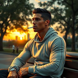 A realistic and artistic portrayal of a famous athlete, inspired by Cristiano Ronaldo's likeness, casually smoking a cigarette