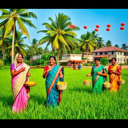 A serene rural landscape featuring traditional Indian women dressed in colorful sarees, engaged in daily activities in a lush green field
