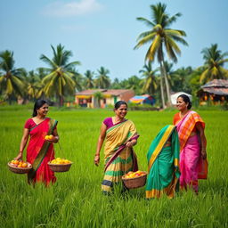 A serene rural landscape featuring traditional Indian women dressed in colorful sarees, engaged in daily activities in a lush green field